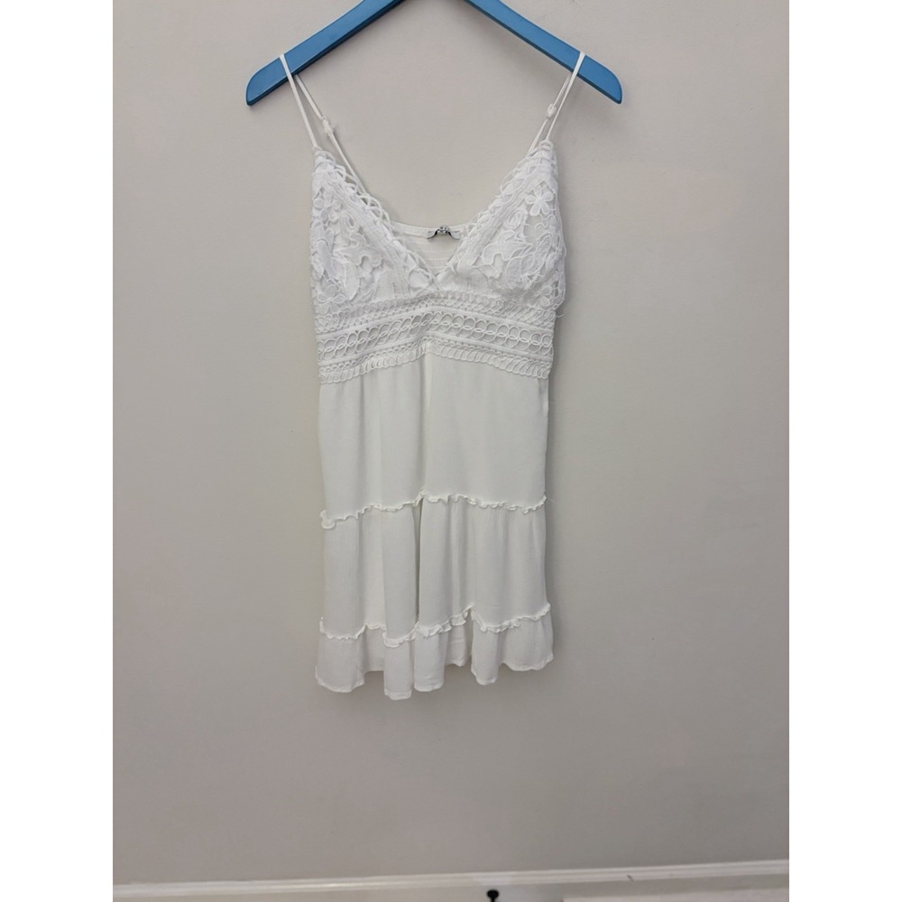 IRIS White Lace V-Neck Adjustable Straps Mini Slip Dress Ruffle, Women M
